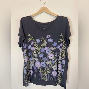 Pure Jill Pima V neck shirred back elliptical tee. XL Blue Floral Super Soft